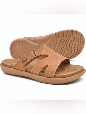 Kuailu Women's Tan Slide Sandals Slip-Ons orthotics arch support lightweight